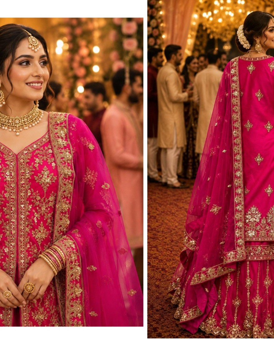 1205 - Pink Embroidered, Sequins and Stone Work Net Lehenga Choli